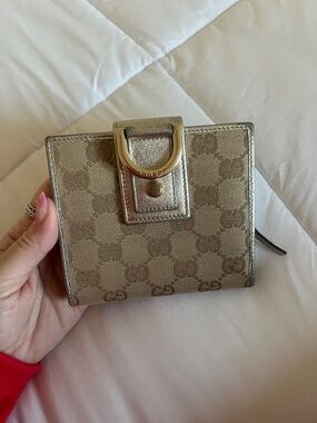 Gucci Beige Monogram Wallet with Metallic Gold Trim